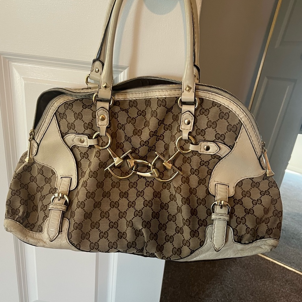Gucci Brown and Cream Shoulder Bag with GG Monogram